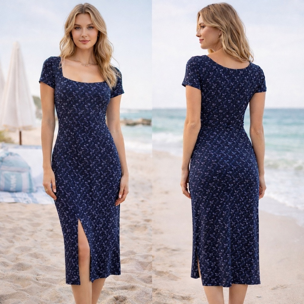 Faded Rose Navy Floral Maxi Dress Square Neck Side Slit Romantic Feminine Sz SM